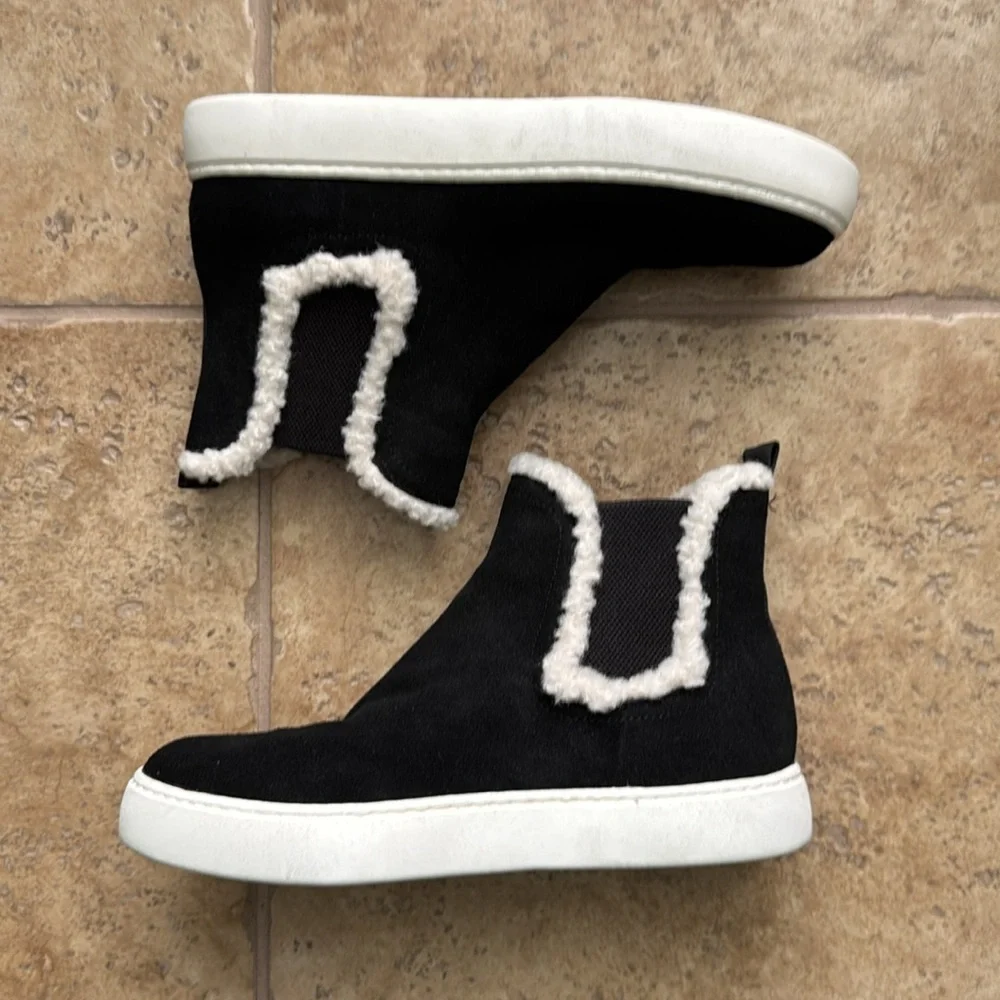 Lucky Brand Kachai Chelsea Boot Black Suede White Faux Shearling Fur Size 7 NEW - Picture 5 of 11